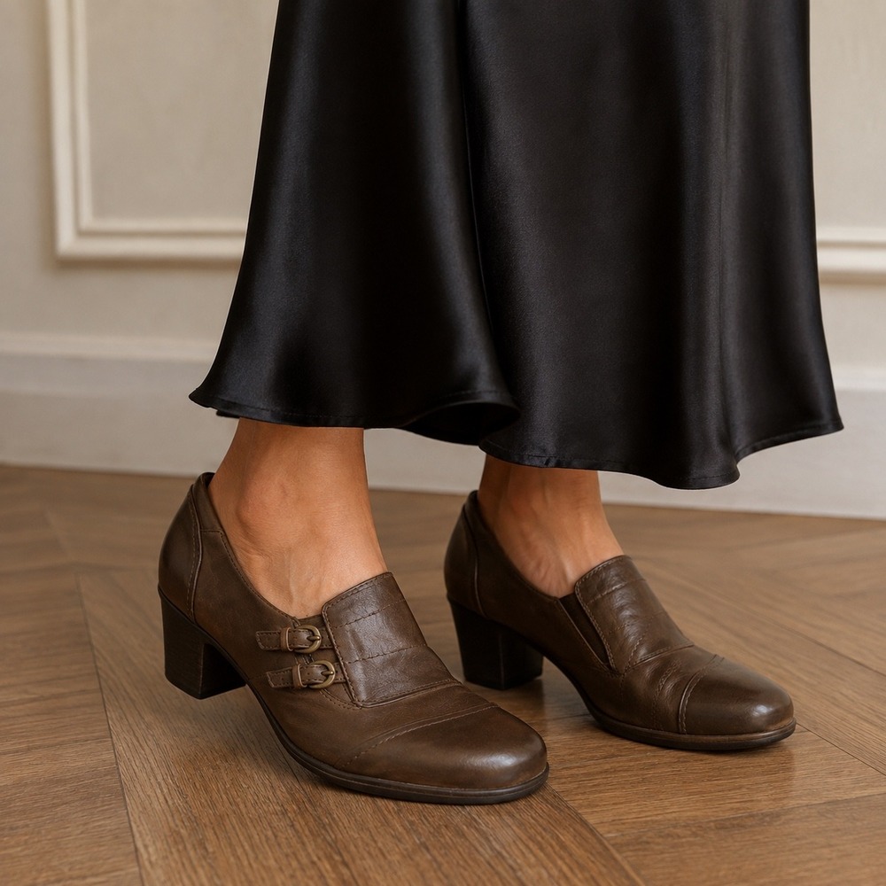 Bass Tonia Womens 9M Brown Leather Buckle Block Heel Loafer Shoes 4237-200